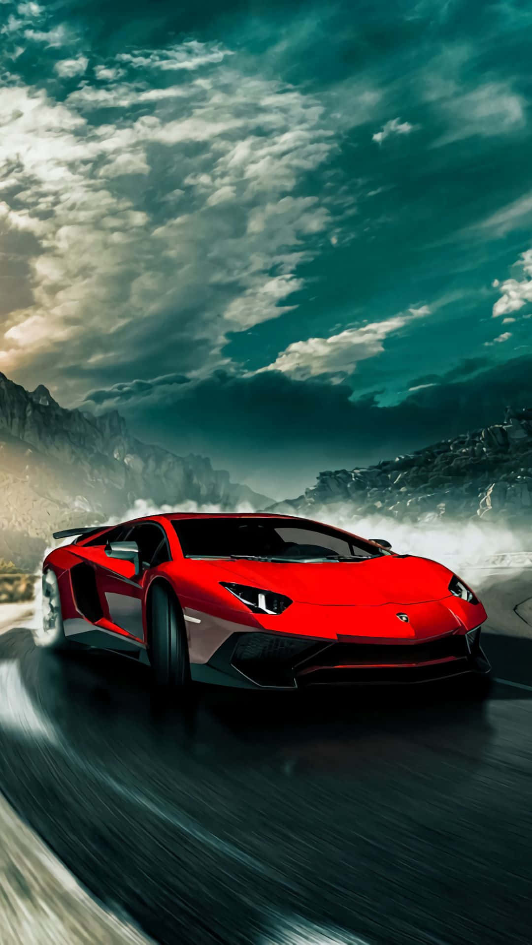 Pixel 3xl Lamborghini 桌布 壁紙 — 一輛鮮紅色的藍寶堅尼 Aventador 在戲劇性的青綠色和灰色多雲天空下，沿著蜿蜒的山路飛馳。