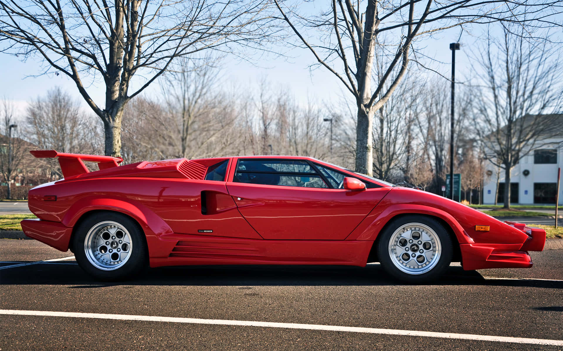 Lamborghini Countach 桌布 壁紙 — 一輛鮮紅色的藍寶堅尼Countach停放在柏油路上，周圍是光禿禿的樹木，天空清澈湛藍。
