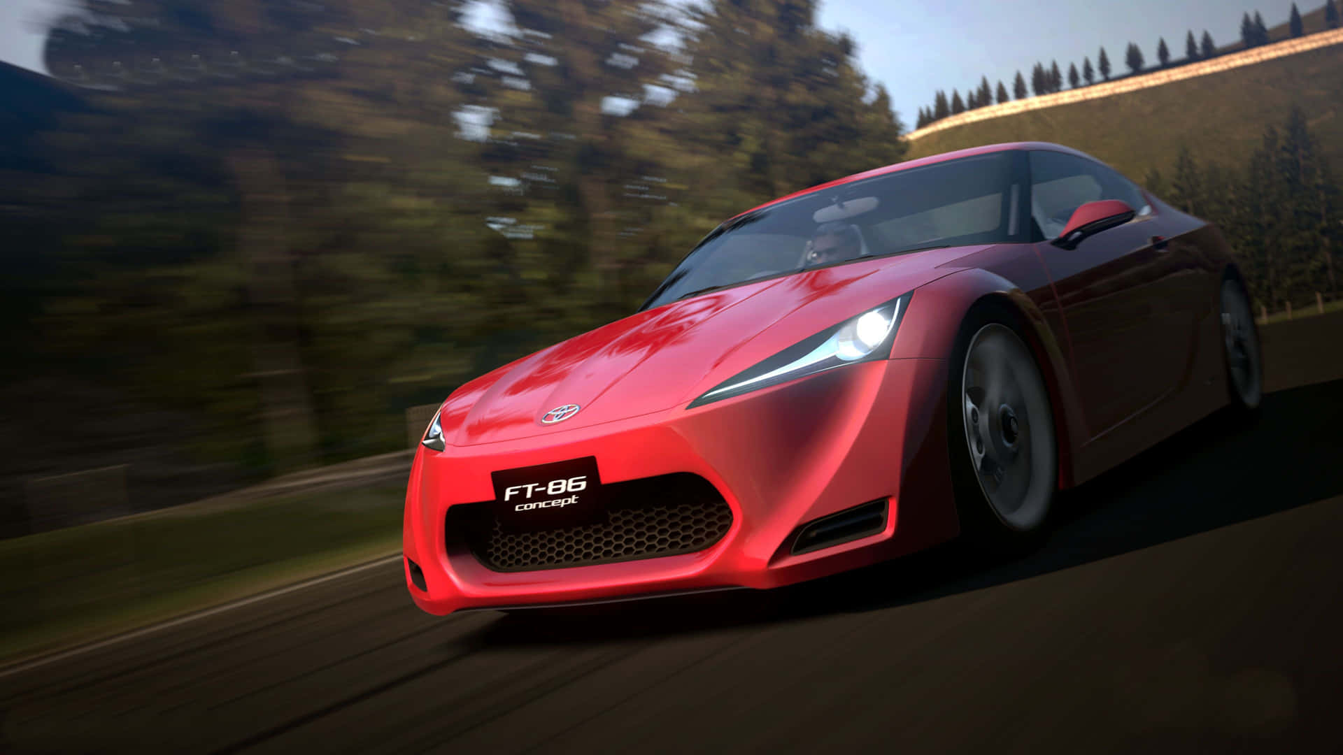 白天在樹林道路上疾馳的紅色跑車。 — Toyota Supra Mk4 壁紙