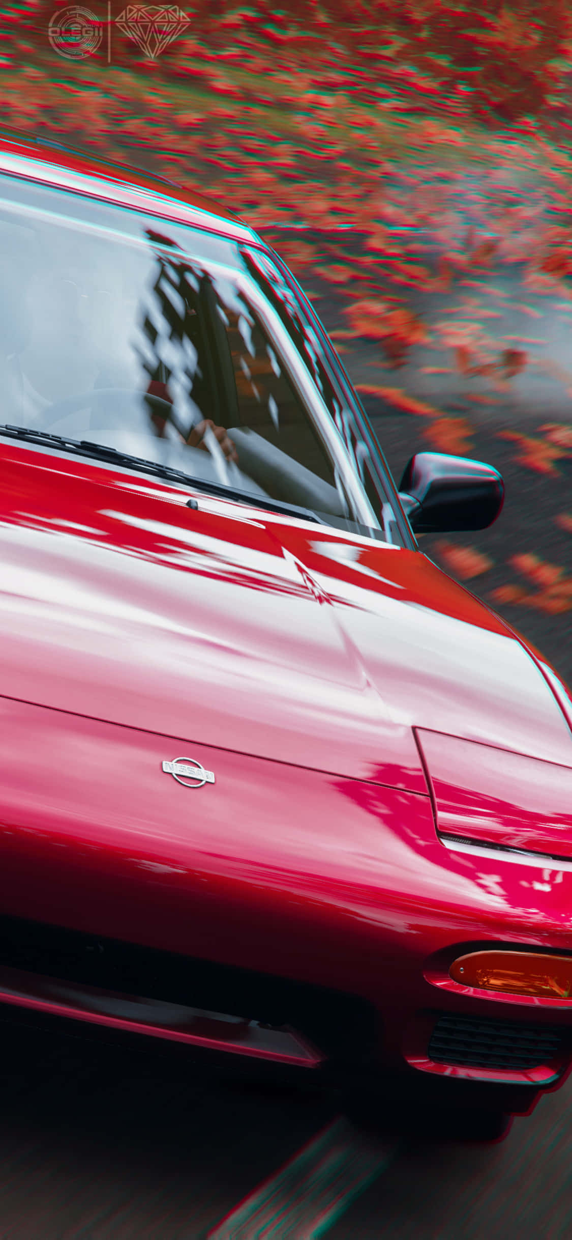 iPhone X Forza Horizon 4 桌布 壁紙 — 一輛鮮紅色的跑車在濕滑的道路上，穿過模糊的秋葉飛馳。