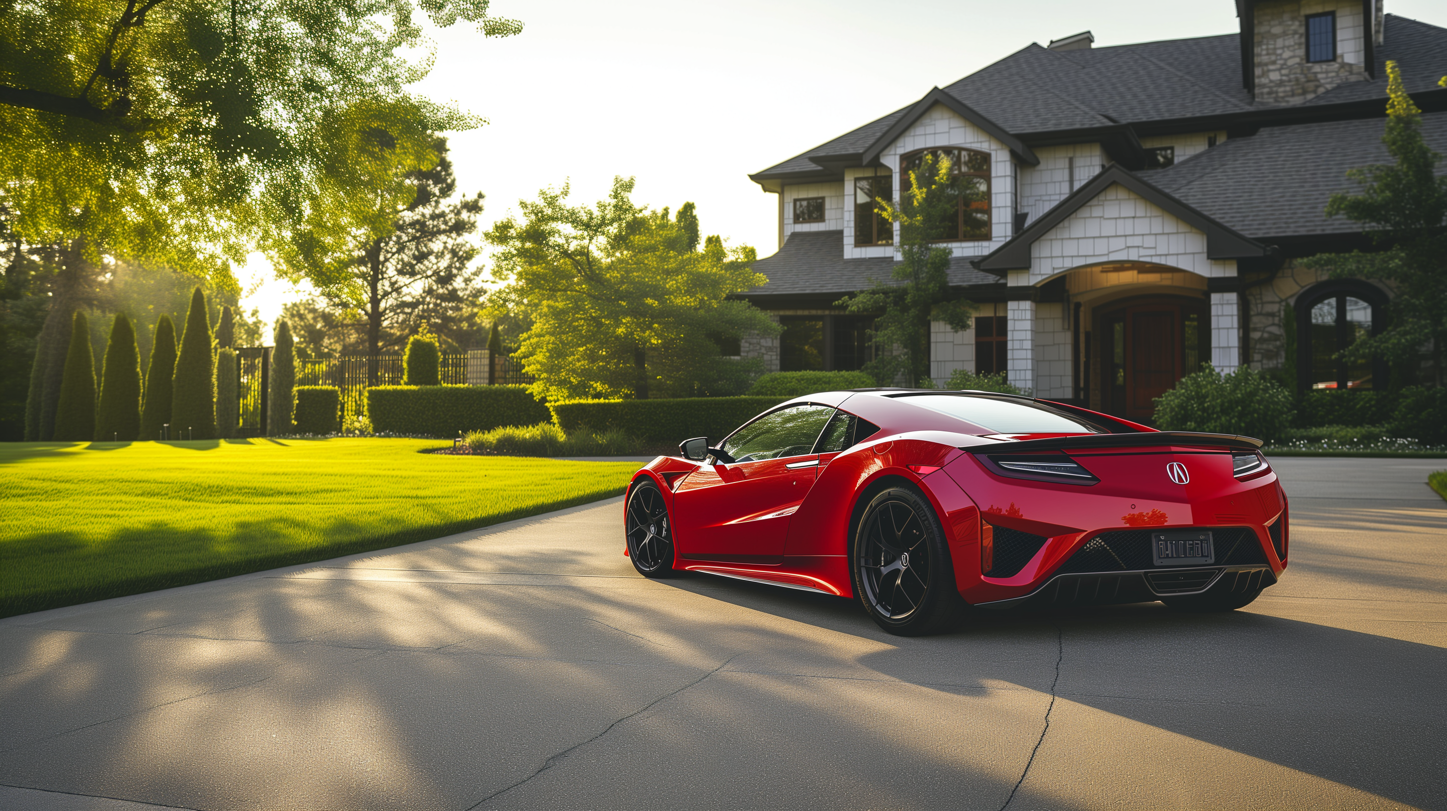 Acura Nsx 桌布 壁紙 — 一輛鮮紅色的跑車在陽光明媚的車道上閃閃發光，前面是一座宏偉的石頭和木瓦豪宅，周圍環繞著茂密的綠色植物。