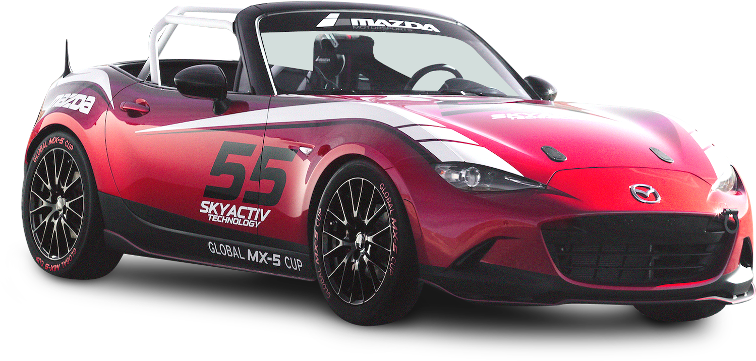 馬自達 桌布 壁紙 — 一輛鮮紅色的馬自達MX-5賽車，帶有55號碼和'Global MX-5 Cup'貼紙，在純黑色背景前準備好比賽。