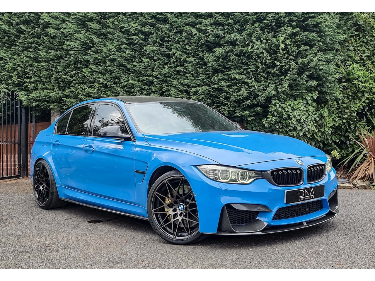 Bmw 3 Series 桌布 壁紙 — 一輛鮮藍色BMW M3轎車配黑色輪圈，停在碎石路上，前面是茂密的綠色樹籬。