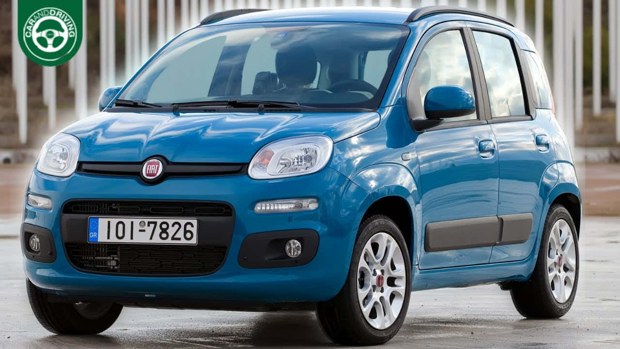 Fiat Panda 桌布 壁紙 — 一輛鮮藍色的Fiat Panda小型車停在潮濕的路面上，背景是模糊的垂直白色板條。