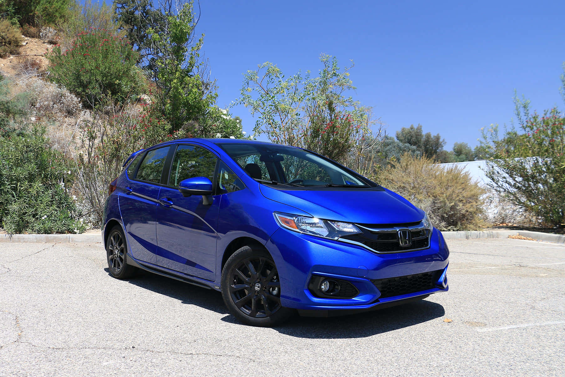 Honda Fit 桌布 壁紙 — 一輛鮮藍色的本田Fit停放在柏油路上，背景是晴朗的藍天和綠色灌木。