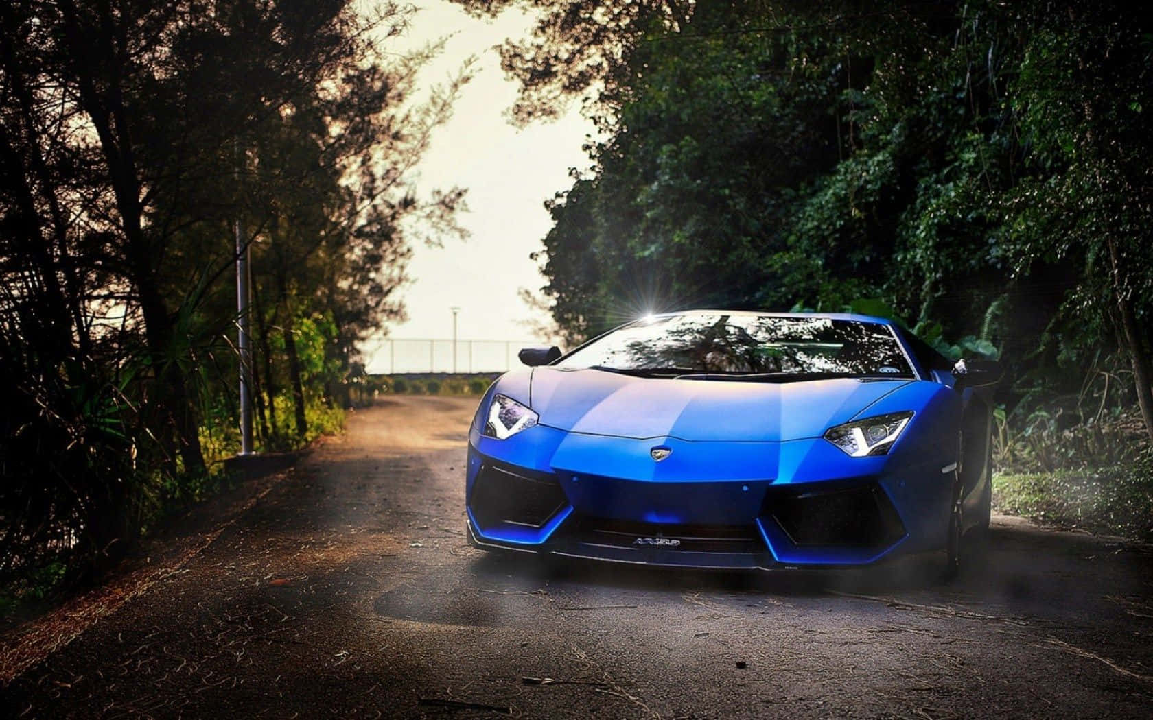 跑車 桌布 壁紙 — 一輛鮮藍色的藍寶堅尼Aventador停泊在陽光明媚的林間道路上，樹木框住了場景。