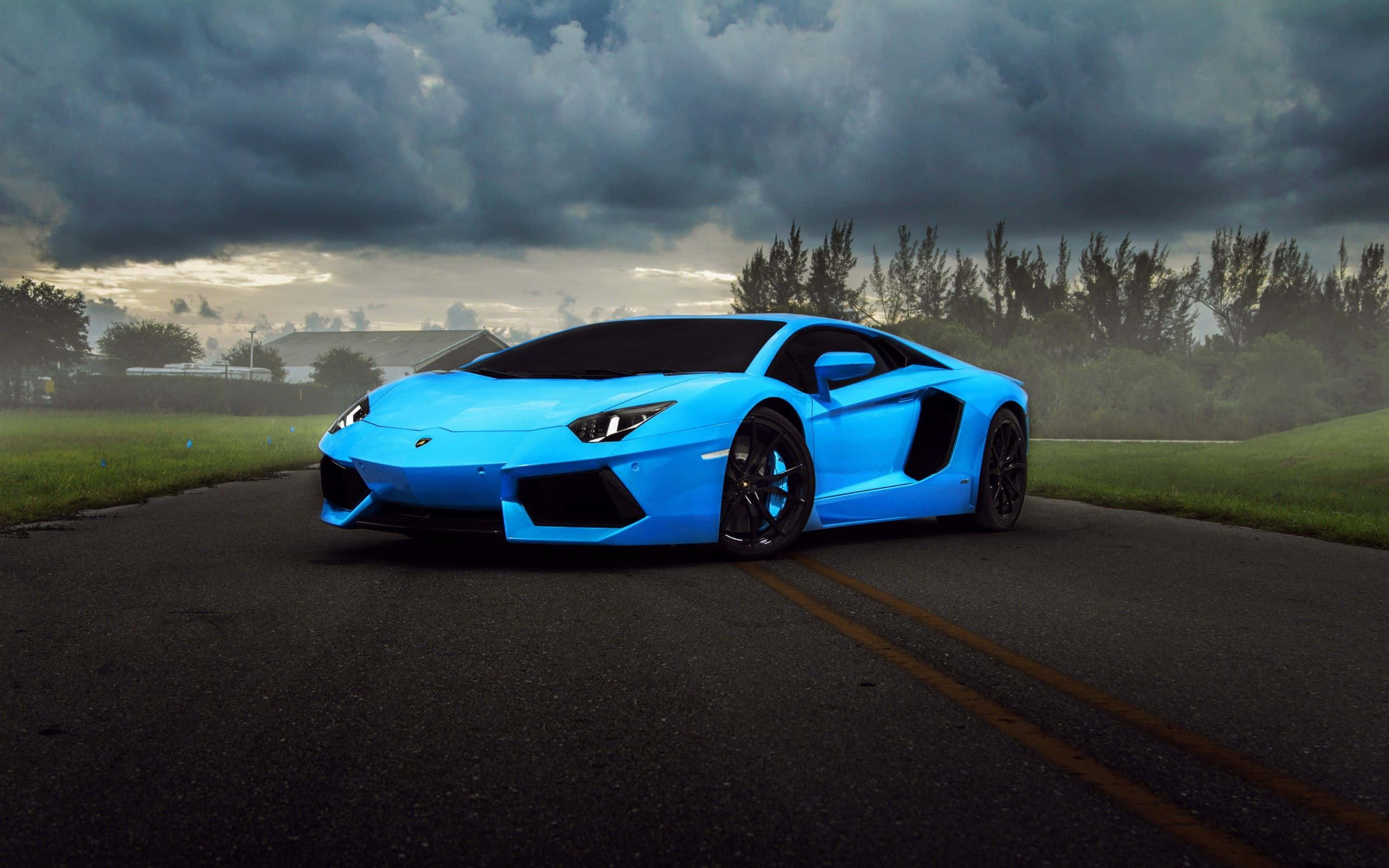 Neon Lamborghini 桌布 壁紙 — 一輛鮮藍色的藍寶堅尼Aventador停泊在濕滑的道路上，背景是戲劇性的暴風雲、綠草和樹木。