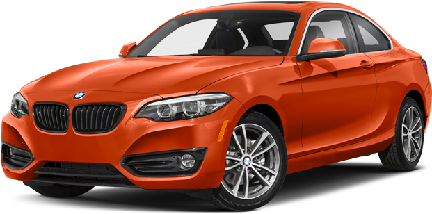 BMW 動圖 桌布 壁紙 — 一輛鮮豔的橙色BMW 2系列雙門轎跑車在攝影棚燈光下以純白背景展示。