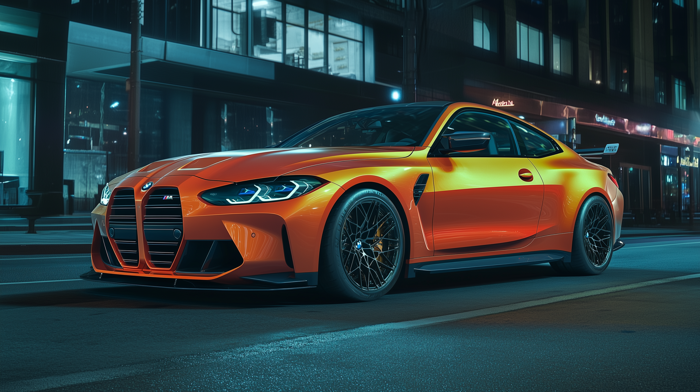 跑車 桌布 壁紙 — 一輛鮮豔的橙色BMW M4轎跑車在夜間濕漉漉的城市街道上，在霓虹燈下閃閃發光。