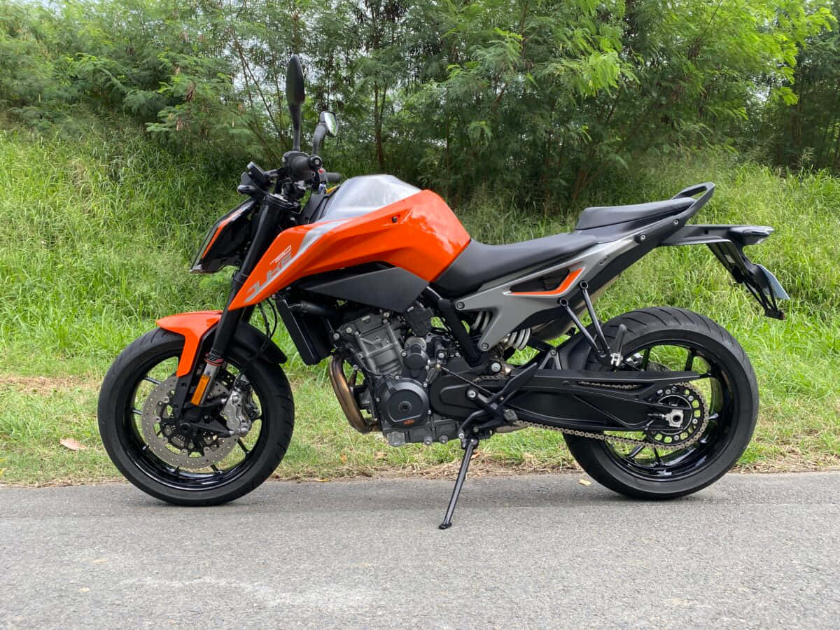 機車 桌布 壁紙 — 一輛鮮豔的橙色和黑色KTM摩托車停放在鋪砌的道路上，旁邊是茂密的綠草和樹木。
