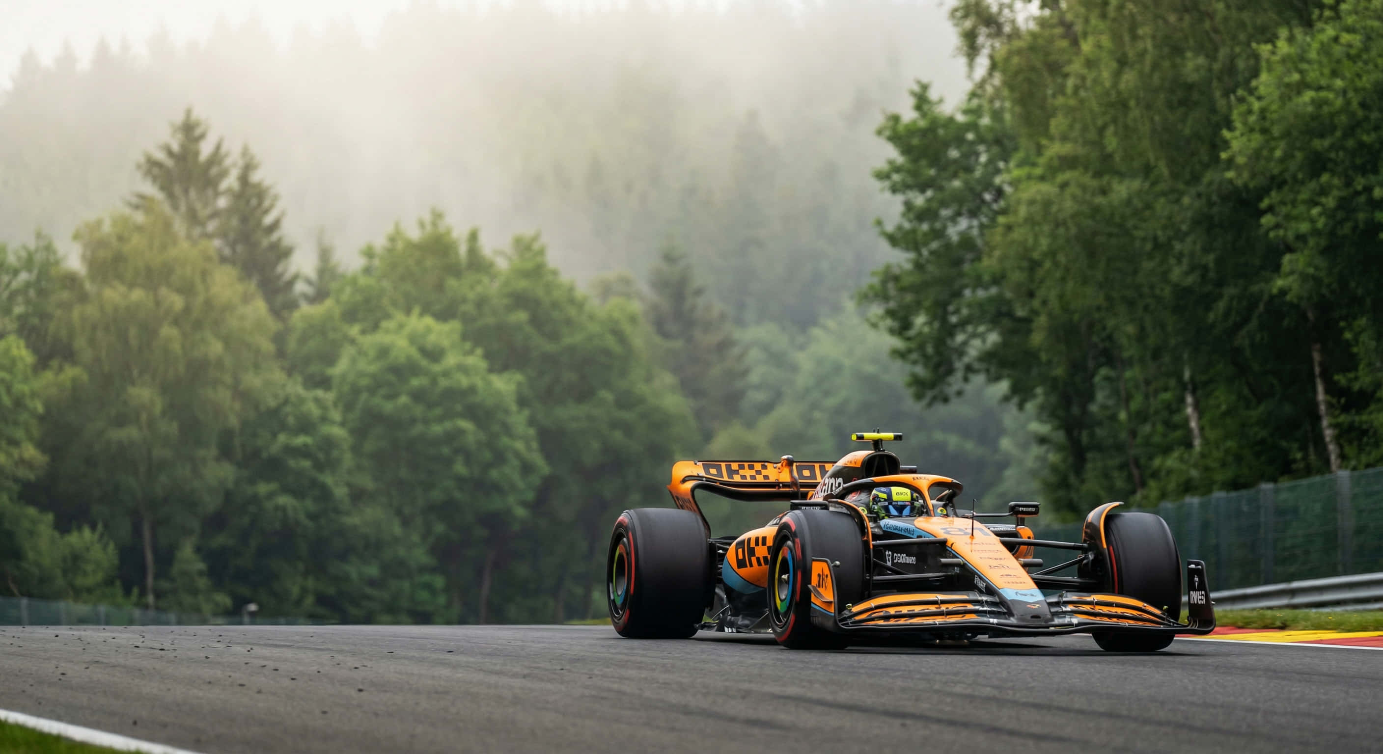 Formula 1 桌布 壁紙 — 一輛鮮豔的橙色和黑色一級方程式賽車在潮濕的瀝青賽道上疾馳，賽道兩旁是茂密的綠色森林，天空霧氣瀰漫。