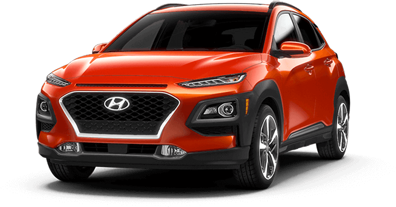 Hyundai 桌布 壁紙 — 一輛鮮豔的橙色現代Kona SUV在純黑色背景上展示，帶有光澤反射。