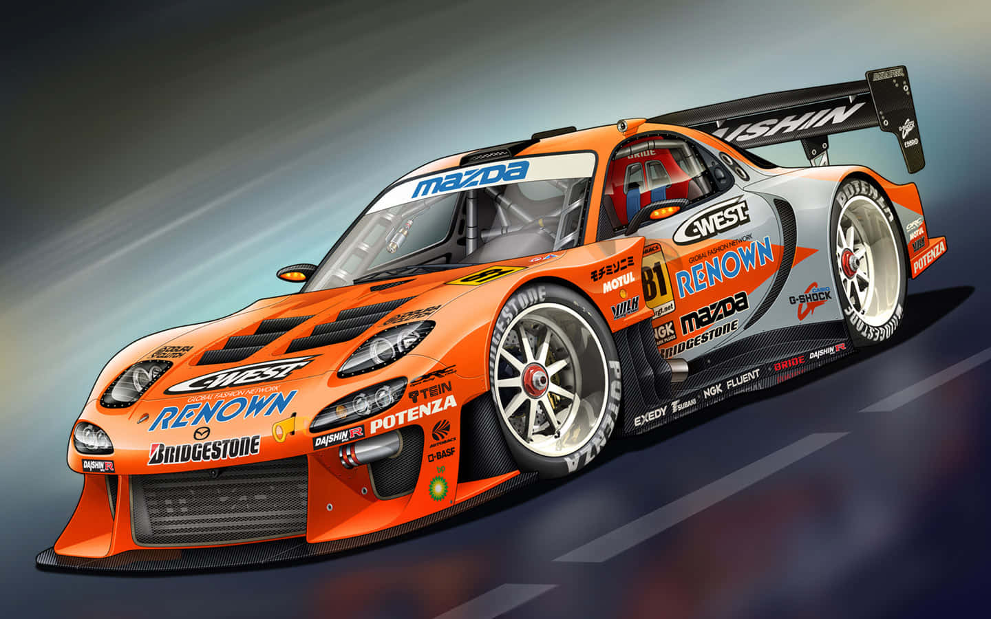 Car Racing 桌布 壁紙 — 一輛鮮豔的橙色馬自達賽車帶有贊助商貼紙，在戲劇性燈光下於模糊的賽道上飛馳。