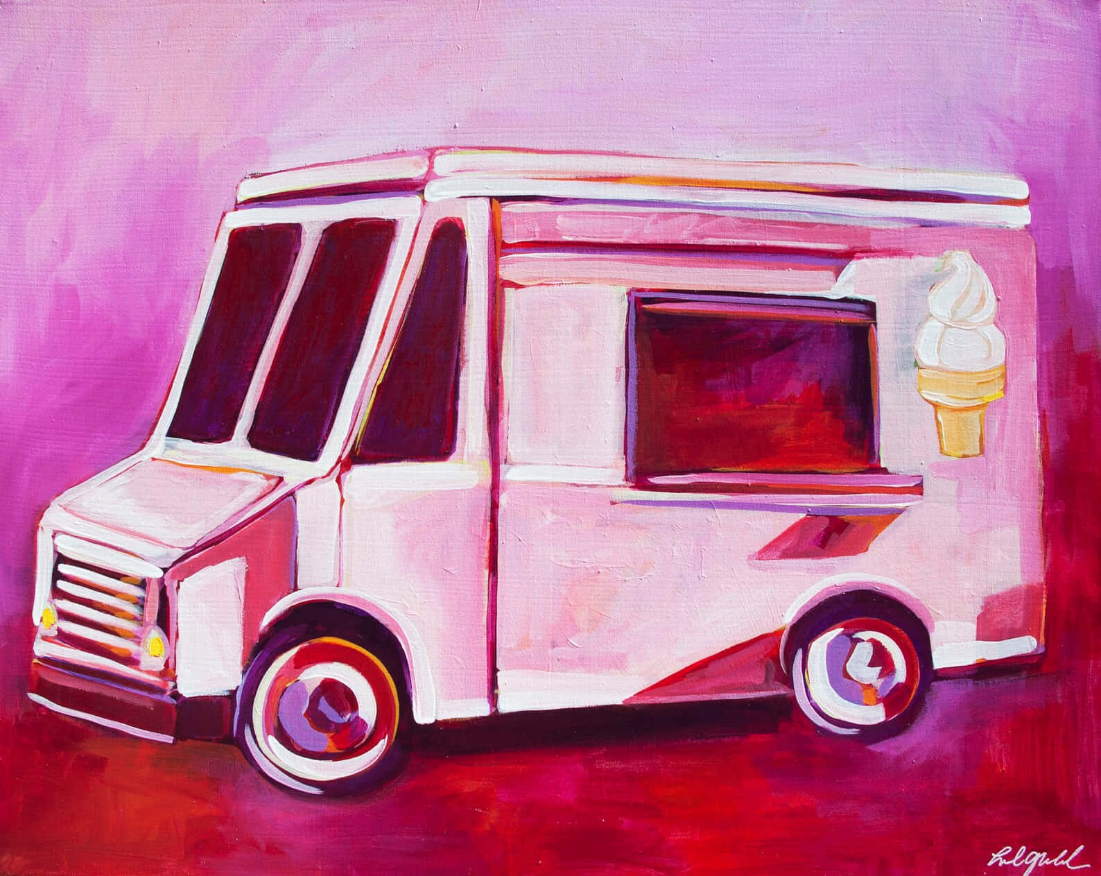Ice Cream Truck 桌布 壁紙 — 一輛鮮豔的粉紅色冰淇淋車，以大膽的筆觸繪製在洋紅色背景上，帶有漩渦甜筒標誌。