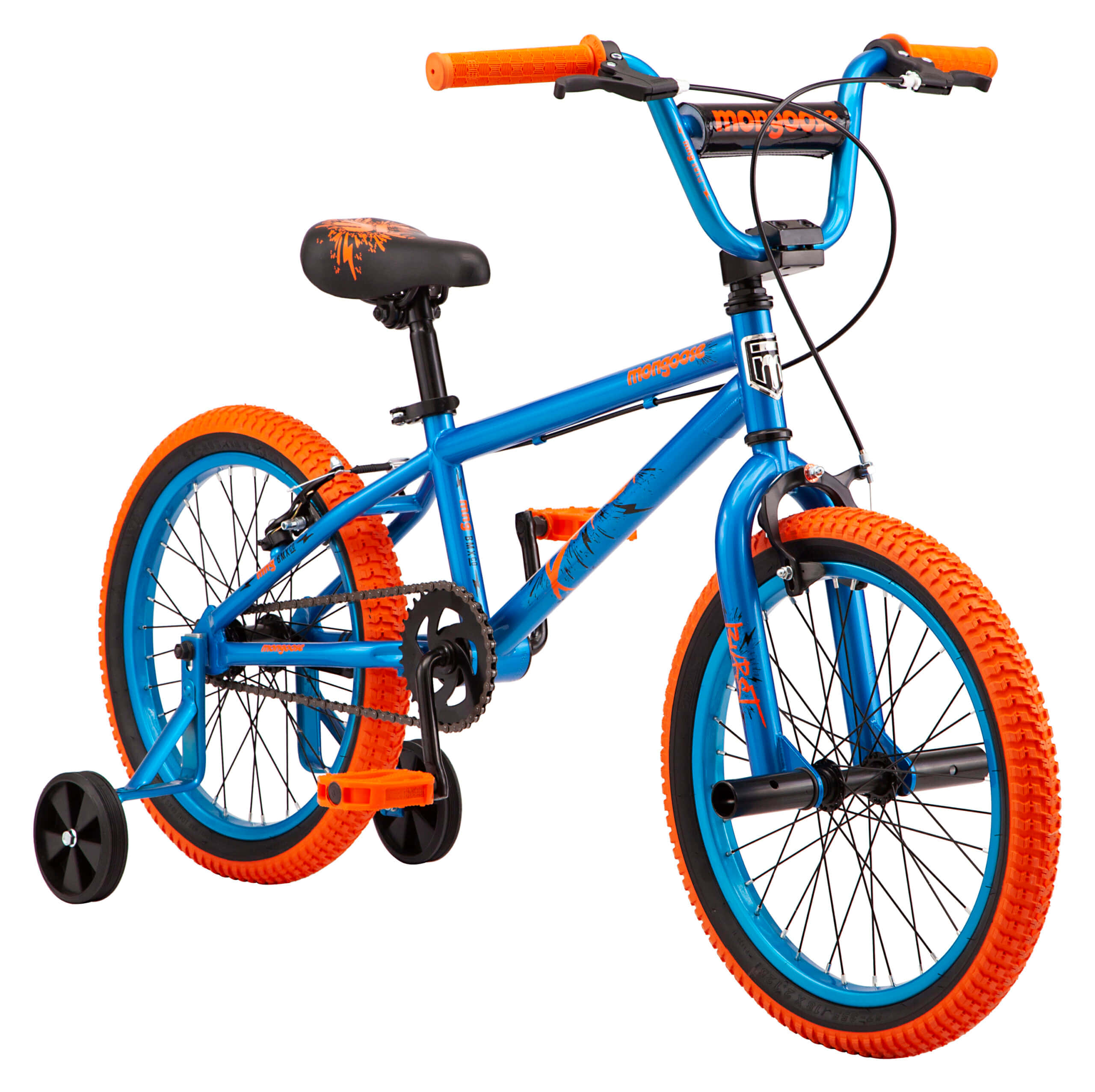 Bicycle 桌布 壁紙 — 一輛鮮豔的藍色和橙色兒童腳踏車，附有輔助輪，立在潔白的背景前。