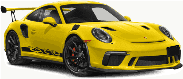 保時捷 桌布 壁紙 — 一輛鮮黃色保時捷 911 GT3 RS 跑車，帶有黑色飾邊和賽車條紋，在工作室燈光下展示。