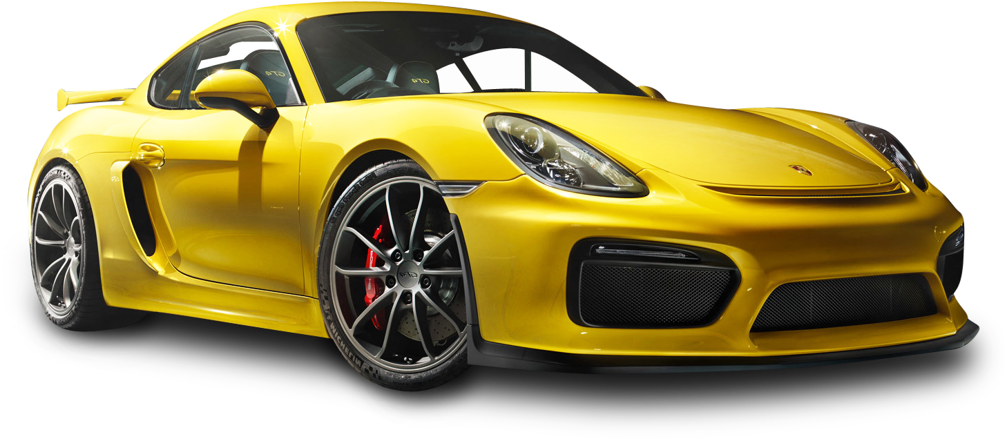 保時捷 桌布 壁紙 — 一輛鮮黃色保時捷 Cayman GT4 跑車，配備紅色制動卡鉗和黑色輪圈，在純黑色背景下脫穎而出。