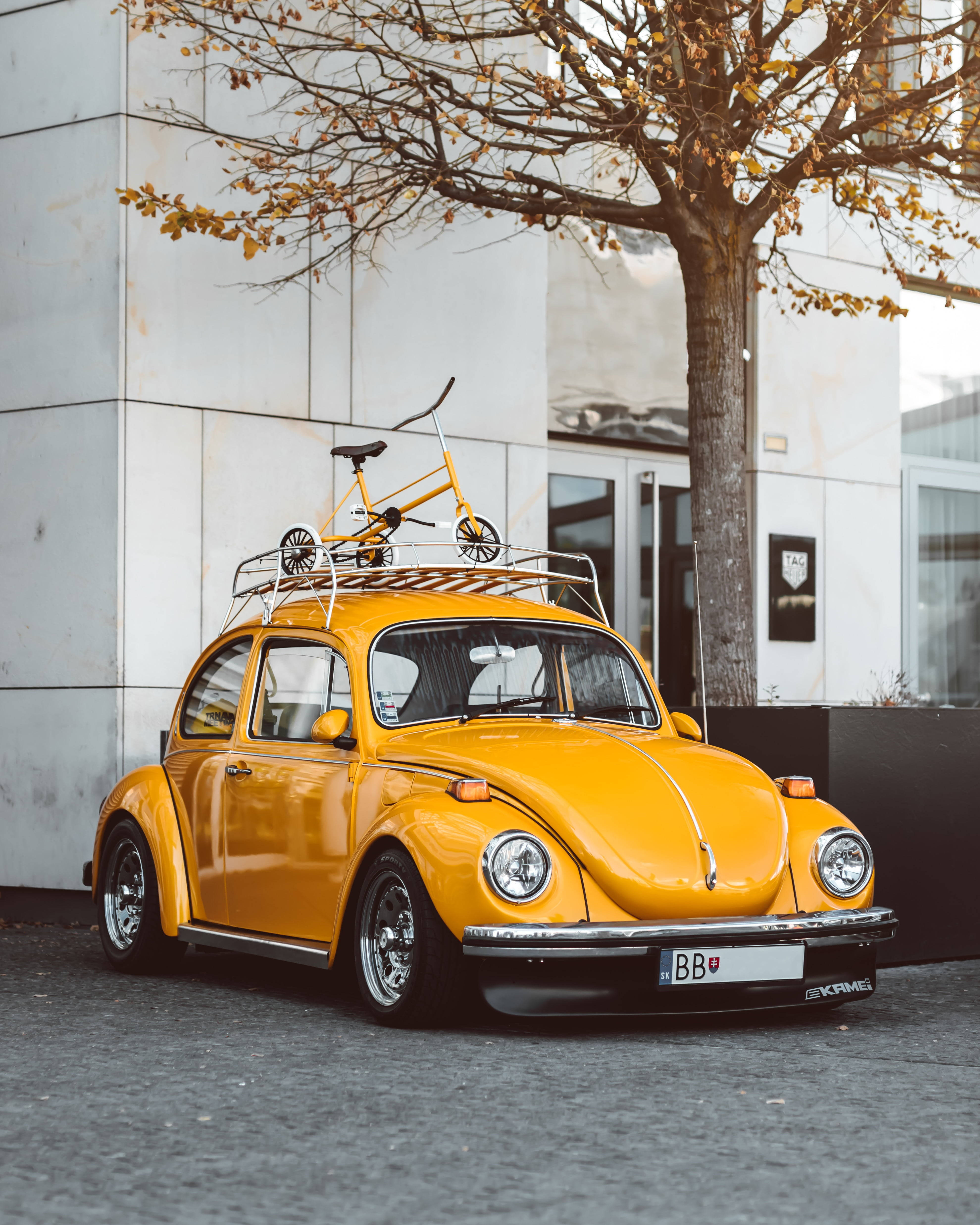 Retro Aesthetic 桌布 壁紙 — 一輛鮮黃色復古福斯金龜車，車頂行李架上放著一輛相配的自行車，停泊在現代建築旁邊的秋樹下。