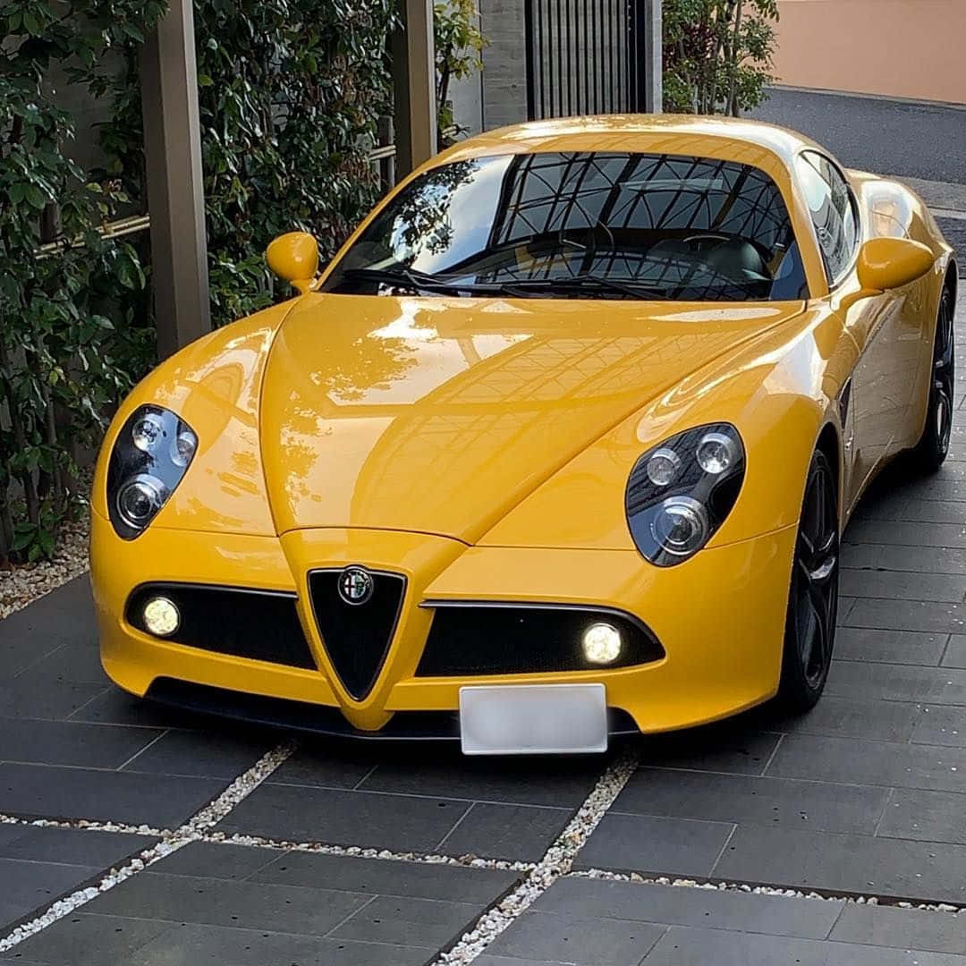 Alfa Romeo 8c Competizione 桌布 壁紙 — 一輛鮮黃色的Alfa Romeo跑車在日光下閃閃發光，停泊在瓷磚車道上，旁邊有綠植。
