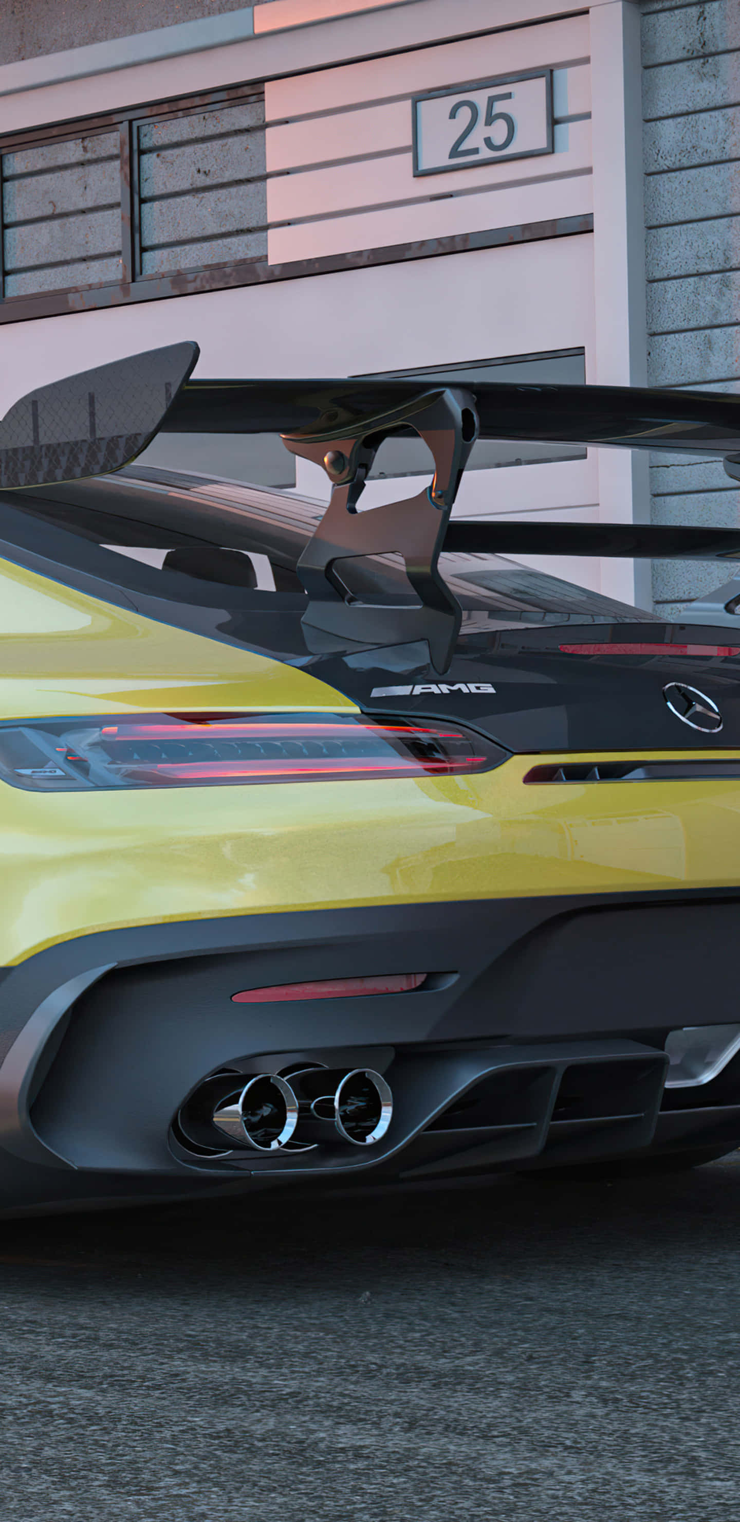Car Images HD 桌布 壁紙 — 一輛鮮黃色的AMG跑車，帶有大型黑色尾翼，停泊在標有數字25的建築物旁邊。