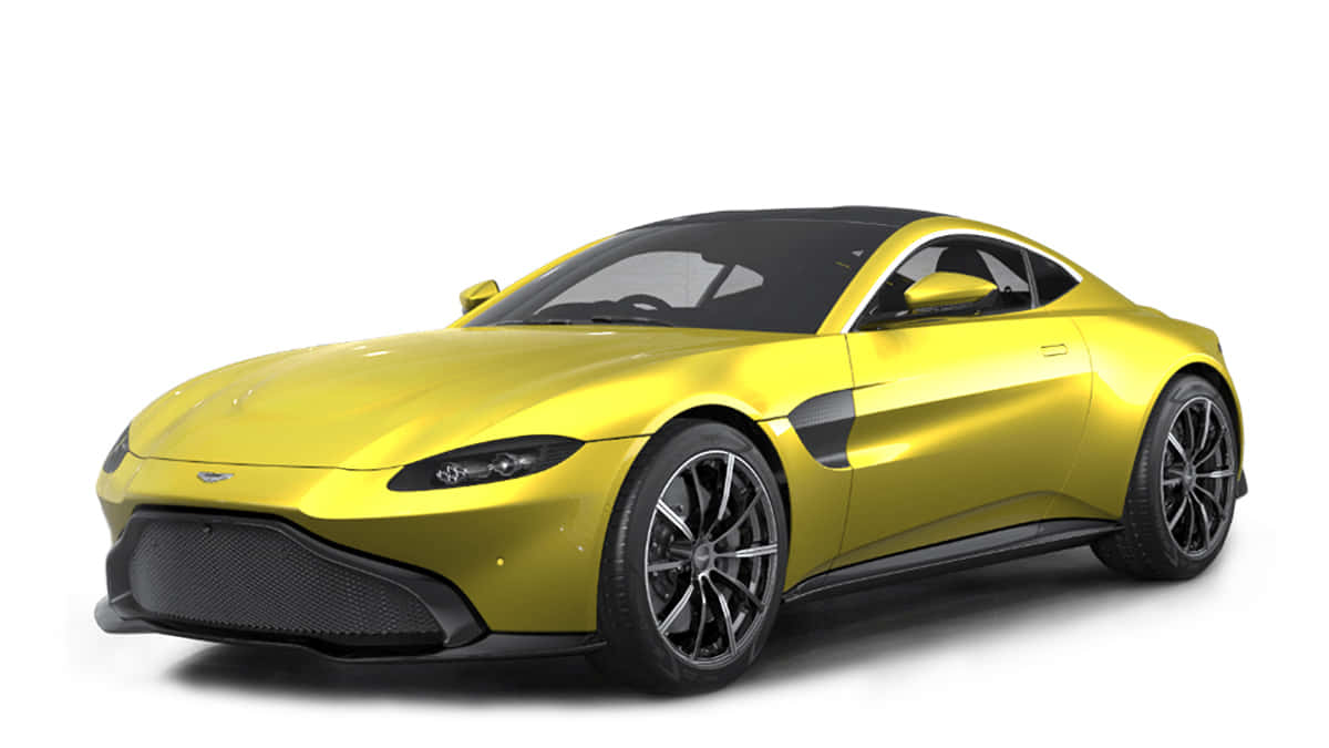 奧斯頓馬丁 桌布 壁紙 — 一輛鮮黃色的Aston Martin跑車，帶有黑色飾邊和流線型空氣動力學設計，在白色背景上孤立。