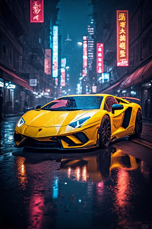 Neon Yellow Lamborghini at Night Futuristic 4K City Lights Portrait Wallpaper 壁紙 — 一輛鮮黃色的藍寶堅尼 Aventador 在雨濕的霓虹燈街道上，在發光的紅色和藍色招牌下閃閃發光。