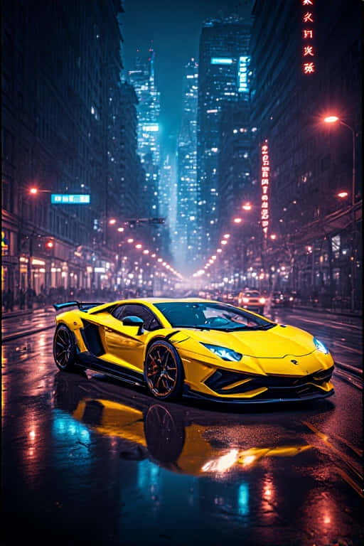 Neon Yellow Lamborghini at Night Futuristic 4K City Lights Portrait Wallpaper 壁紙 — 一輛鮮黃色的藍寶堅尼 Aventador 在雨後濕滑的夜晚城市街道上閃閃發光，霓虹燈光在水窪中反射。