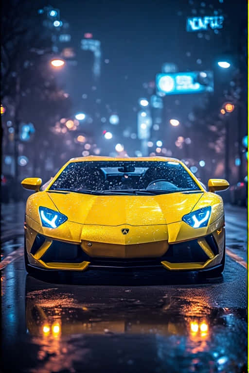 Neon Yellow Lamborghini at Night Futuristic 4K City Lights Portrait Wallpaper 壁紙 — 一輛鮮黃色的藍寶堅尼 Aventador 在雨濕的街道上，於城市燈光下閃爍著耀眼的倒影。