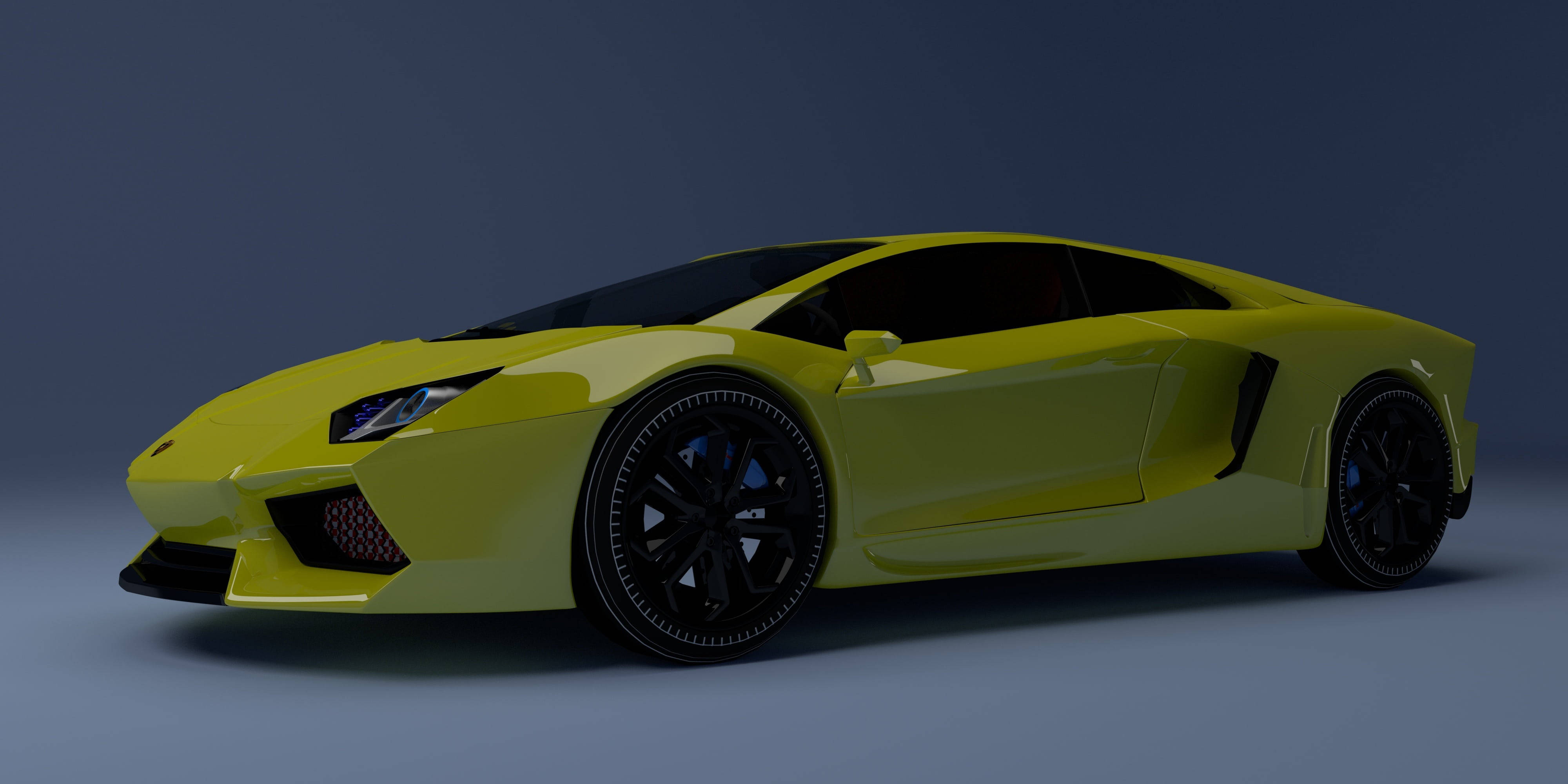 Cool Car 桌布 壁紙 — 一輛鮮黃色的藍寶堅尼Aventador跑車，帶有黑色飾邊和輪圈，在柔和燈光的攝影棚中展示。