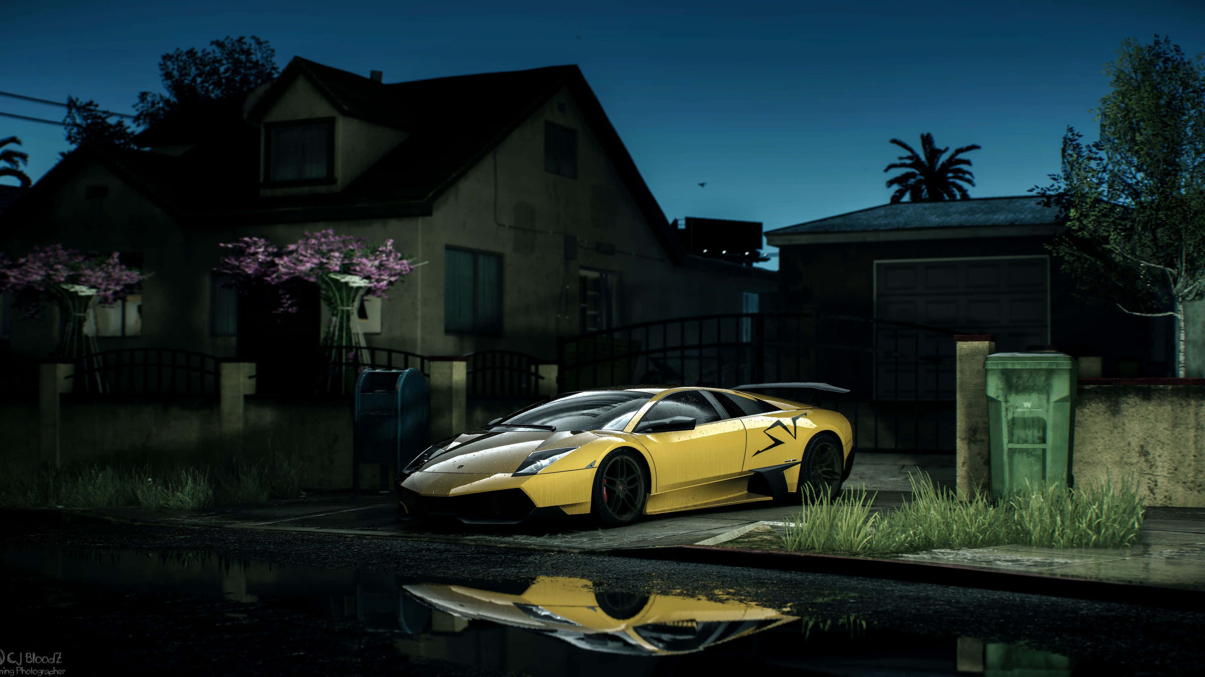 Need For Speed Payback 桌布 壁紙 — 一輛鮮黃色的藍寶堅尼跑車在暮色中閃耀，停在潮濕的街道上，旁邊是郊區房屋和盛開的樹木。