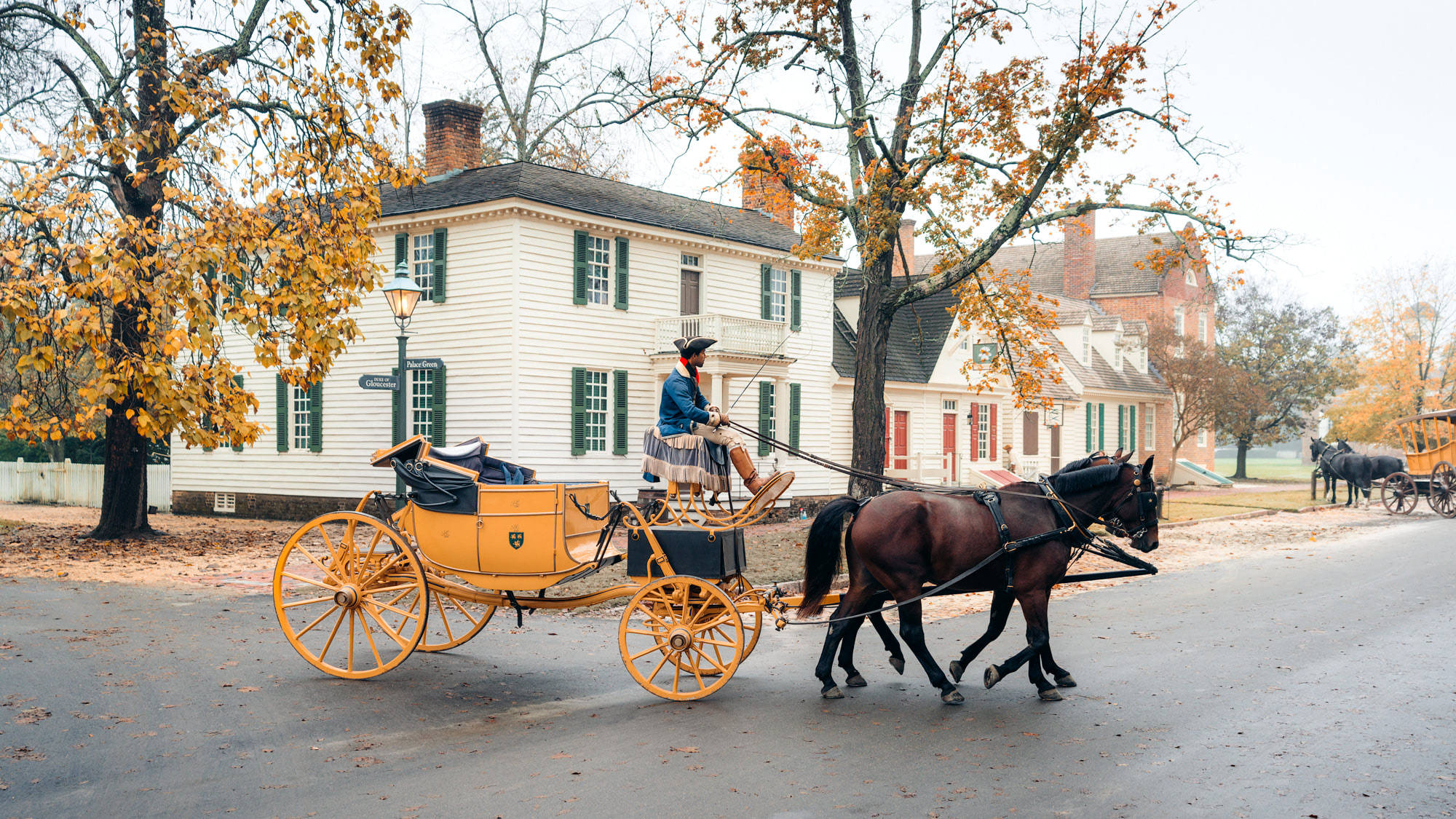 Virginia 桌布 壁紙 — 一輛鮮黃色的馬車由兩匹深色馬匹拉動，沿著綠樹成蔭的街道行駛，經過秋季的殖民風格房屋。