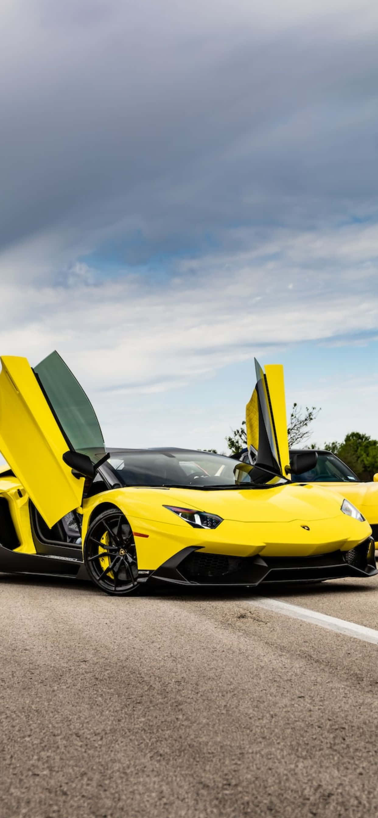 Lamborghini Phone 桌布 壁紙 — 一輛鮮黃色藍寶堅尼打開鷗翼車門，停在陰天下的柏油路上。
