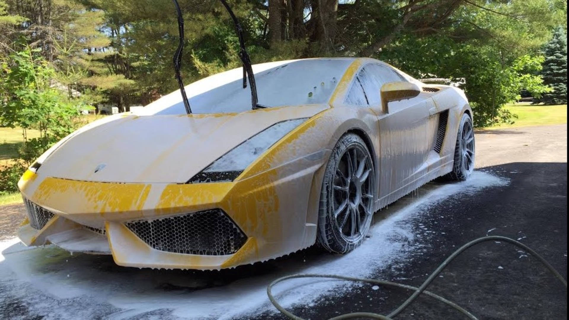 Wash 桌布 壁紙 — 一輛黃色藍寶堅尼Gallardo被肥皂泡覆蓋，正在被綠色樹木環繞的車道上清洗。