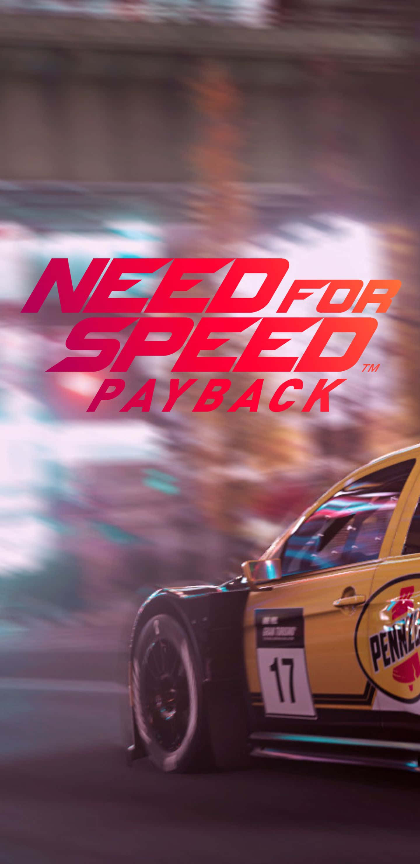 Pixel 3xl Need For Speed Payback 桌布 壁紙 — 一輛黃色賽車，號碼17，在霓虹燈下模糊的城市街道上疾馳。