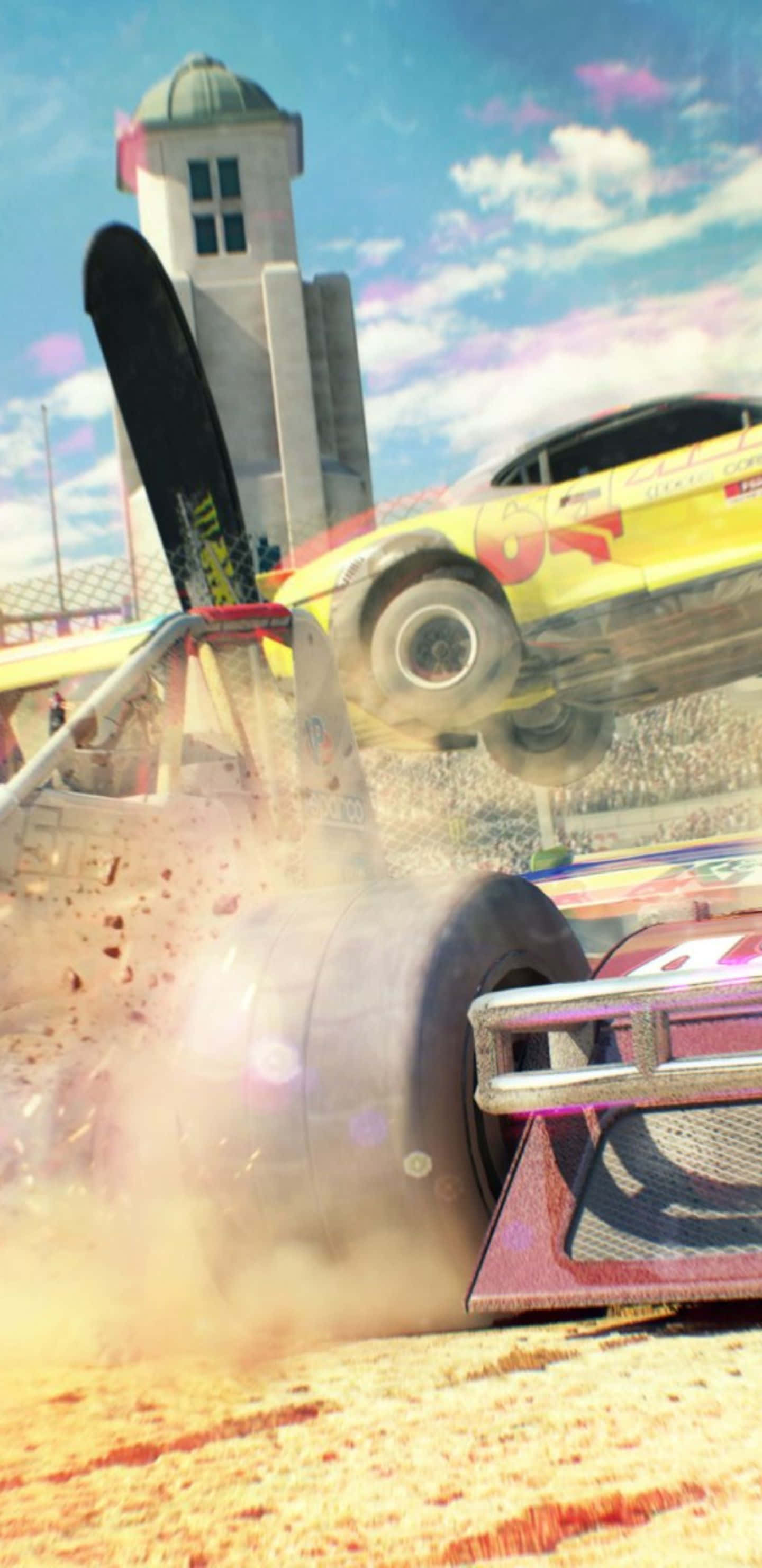 Dirt Track Racing 桌布 壁紙 — 一輛黃色賽車在明亮陽光的賽道場景中，撞車後碎片和灰塵飛揚，懸在半空。