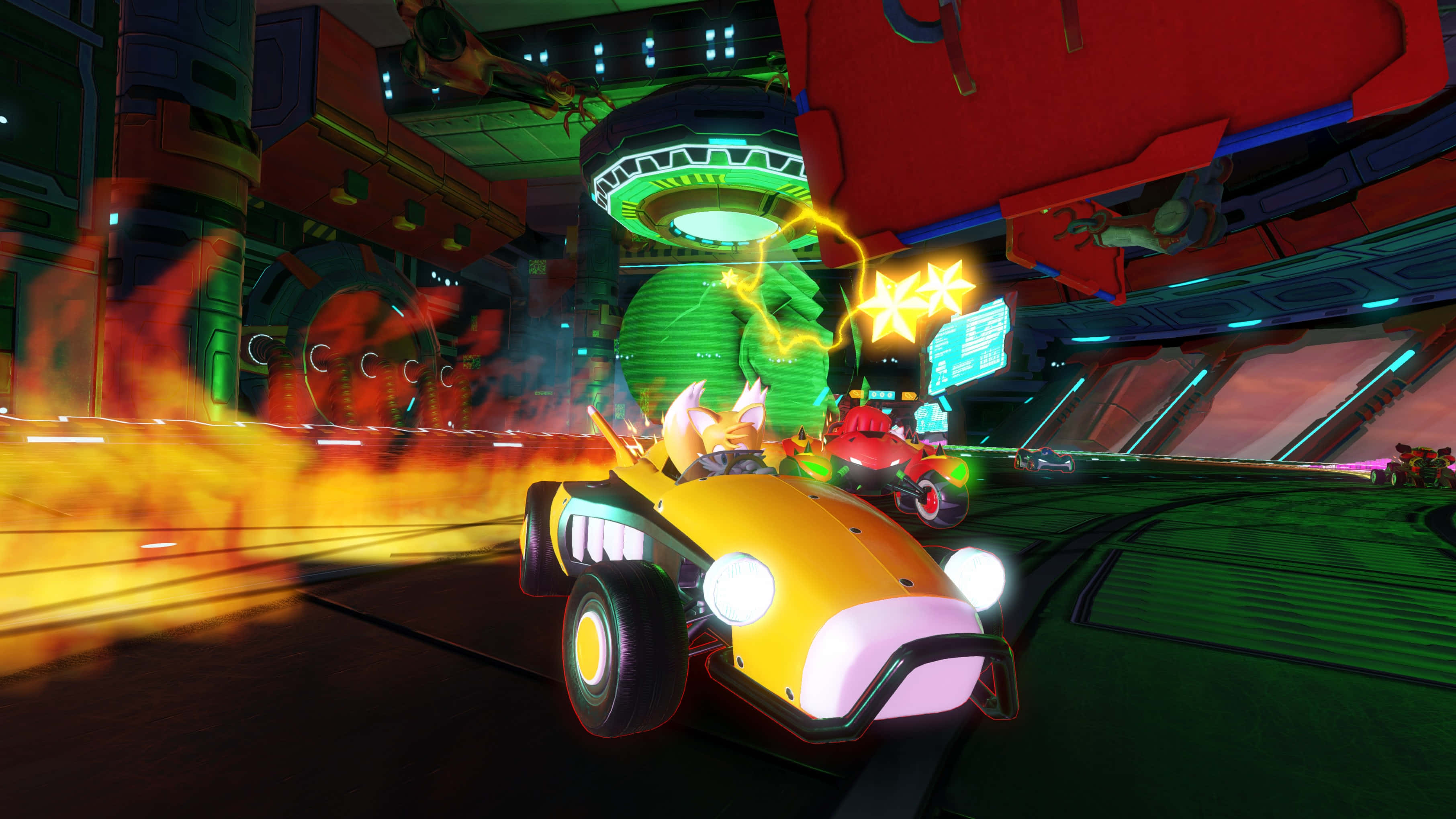 Sonic Battle Racers 桌布 壁紙 — 一輛黃色賽車在霓虹燈照亮的未來賽道上疾馳，帶有火焰痕跡和發光障礙物。