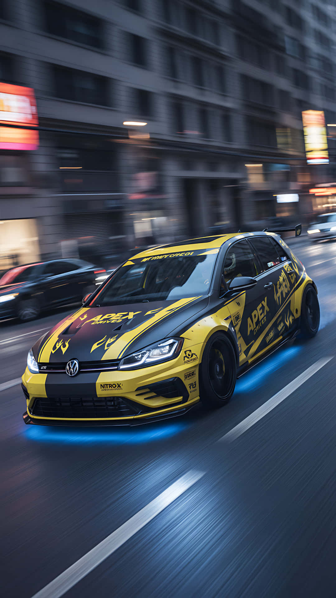 Golf GTI Yellow and black 壁紙 — 一輛黃黑相間的賽車帶著藍色底盤燈在夜間模糊的城市街道上疾馳。