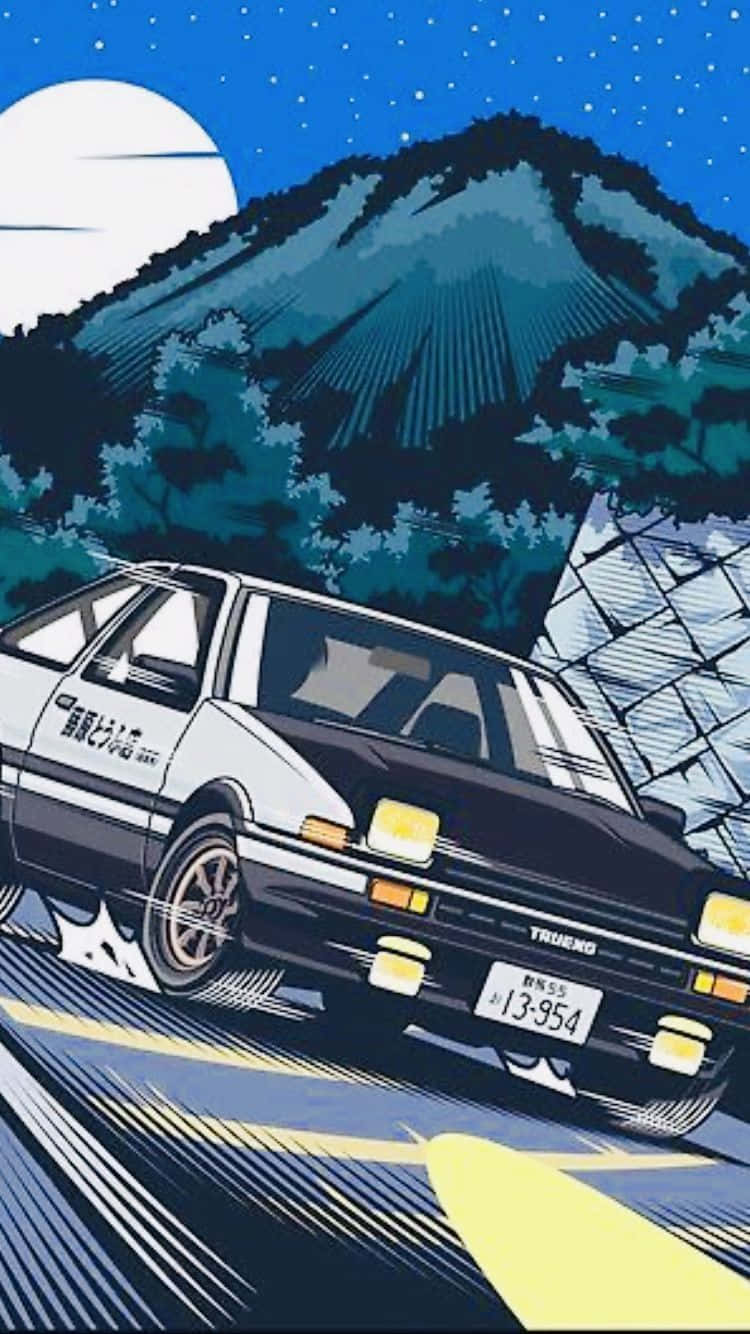 動漫 桌布 壁紙 — 一輛黑白AE86在滿月下、富士山背景的道路上飄移。