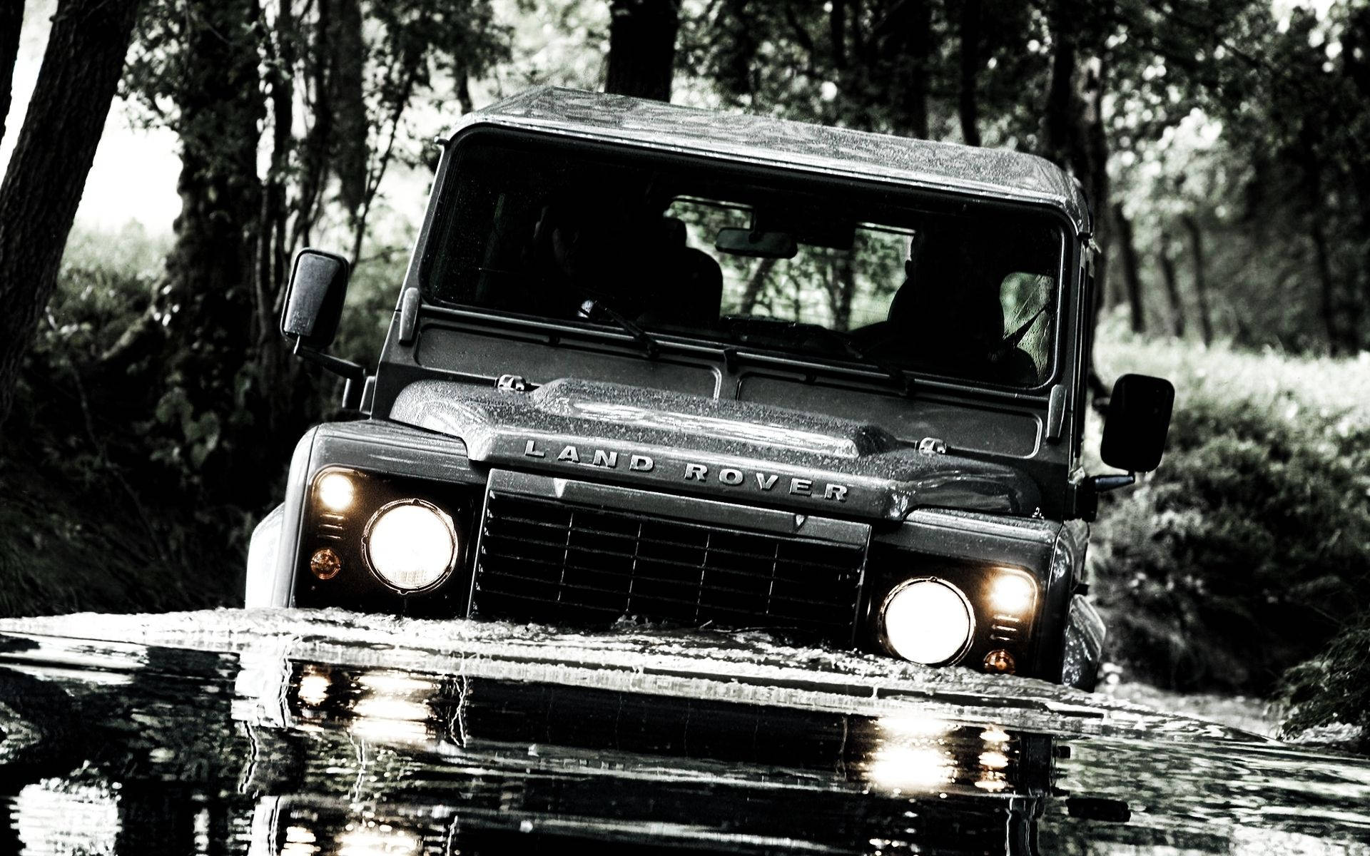 荒原路華 桌布 壁紙 — 一輛黑白相間的 Land Rover Defender 駛過淺淺的森林溪流，車頭燈閃閃發光。