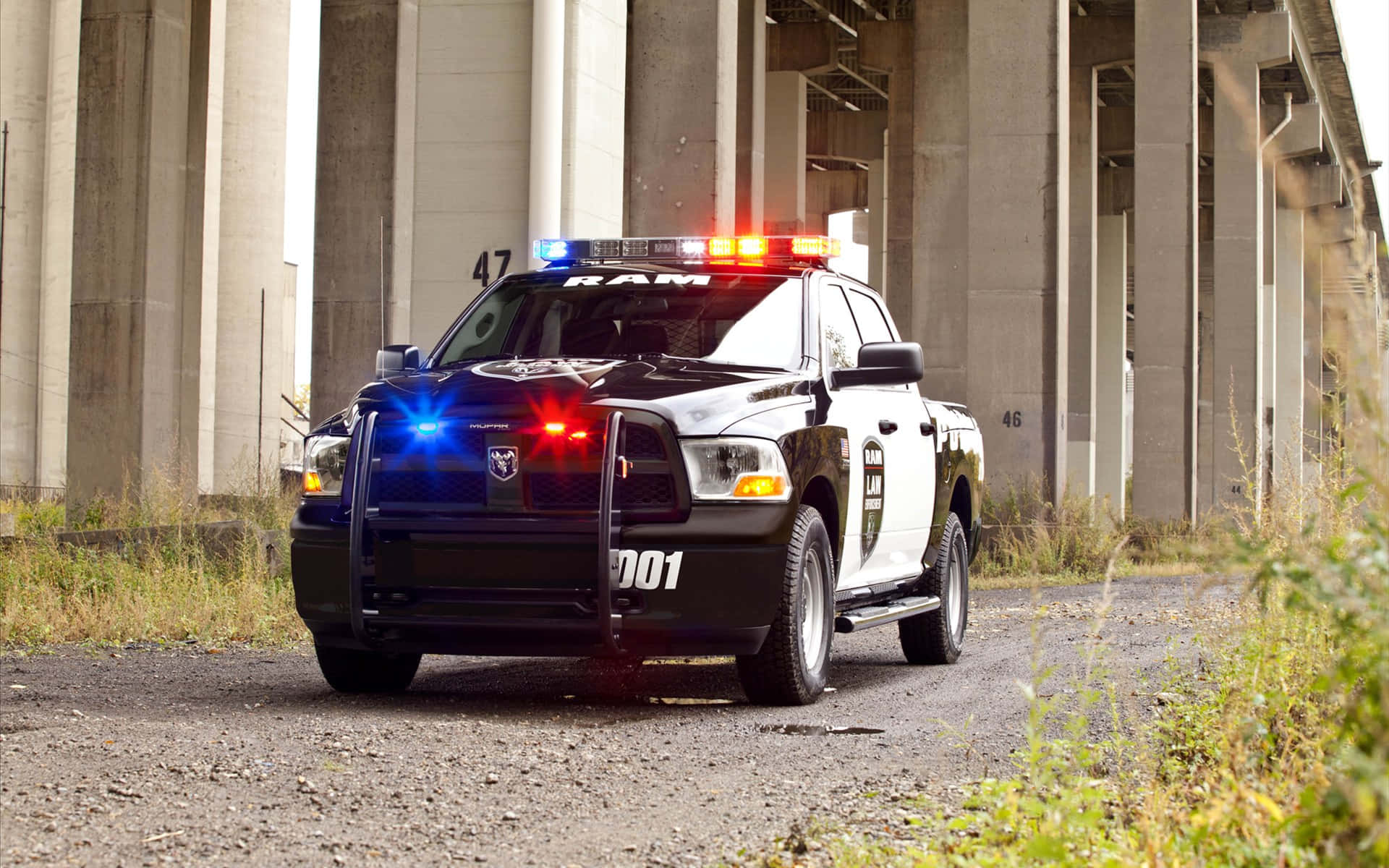 Law Enforcement 桌布 壁紙 — 一輛黑白相間的警用Ram卡車，閃爍著紅藍燈光，停在混凝土天橋下，周圍長滿了雜草。