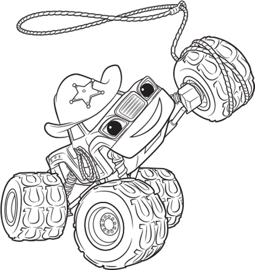 旋風戰車隊 桌布 壁紙 — 一輛黑白線條藝術怪獸卡車，戴著一頂帶星星的牛仔帽，前輪上繫著一條繩索套索。