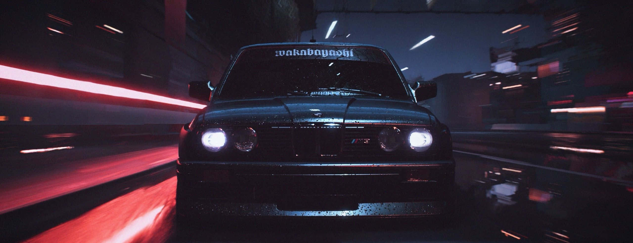 Need For Speed Payback 桌布 壁紙 — 一輛黑色BMW在霓虹燈照亮的城市隧道中疾馳，紅色光軌呼嘯而過。