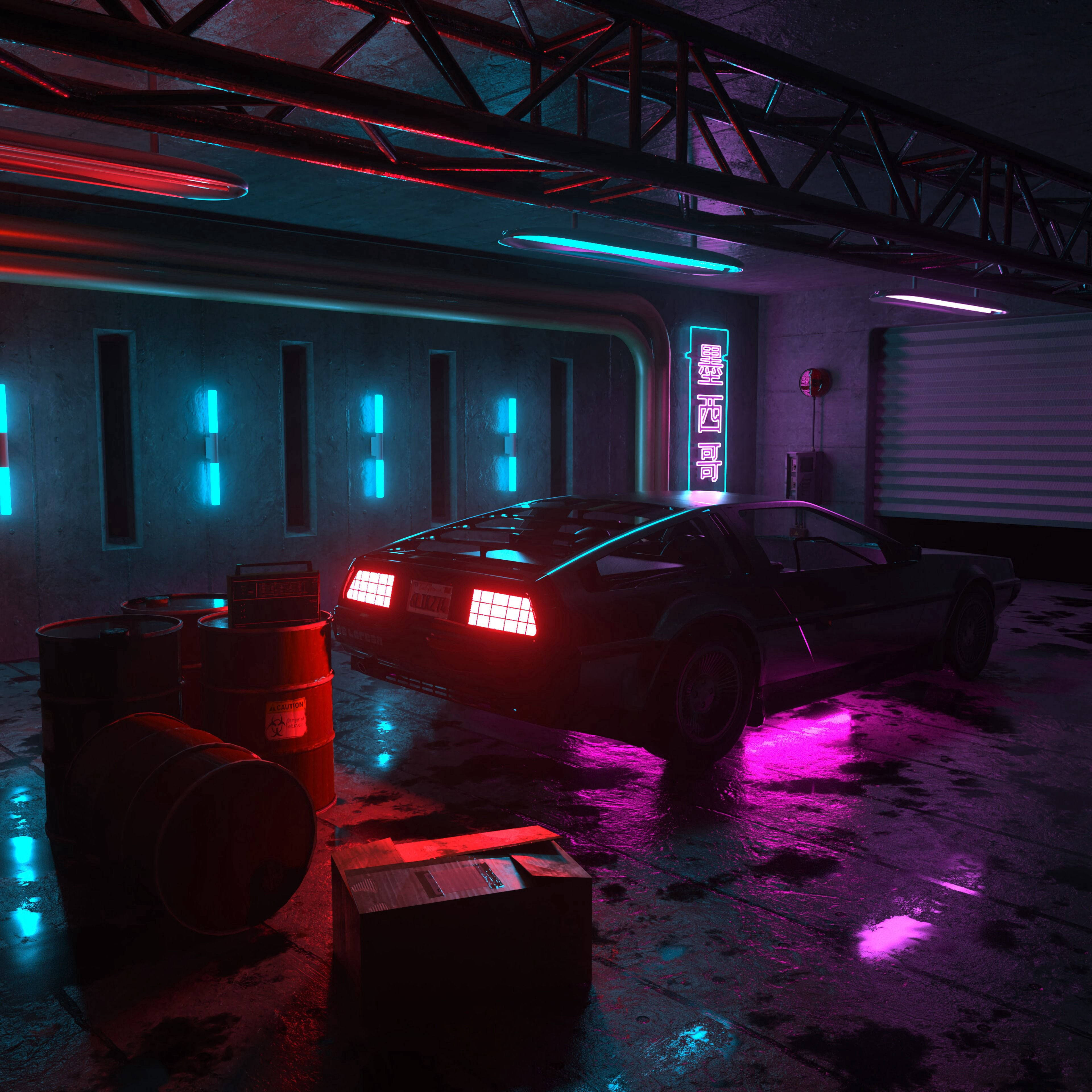 Dark Neon 桌布 壁紙 — 一輛黑色DeLorean帶有發光的紅色尾燈，停在霓虹燈照亮的車庫中，在濕混凝土上反射出粉紅色和藍色的光。