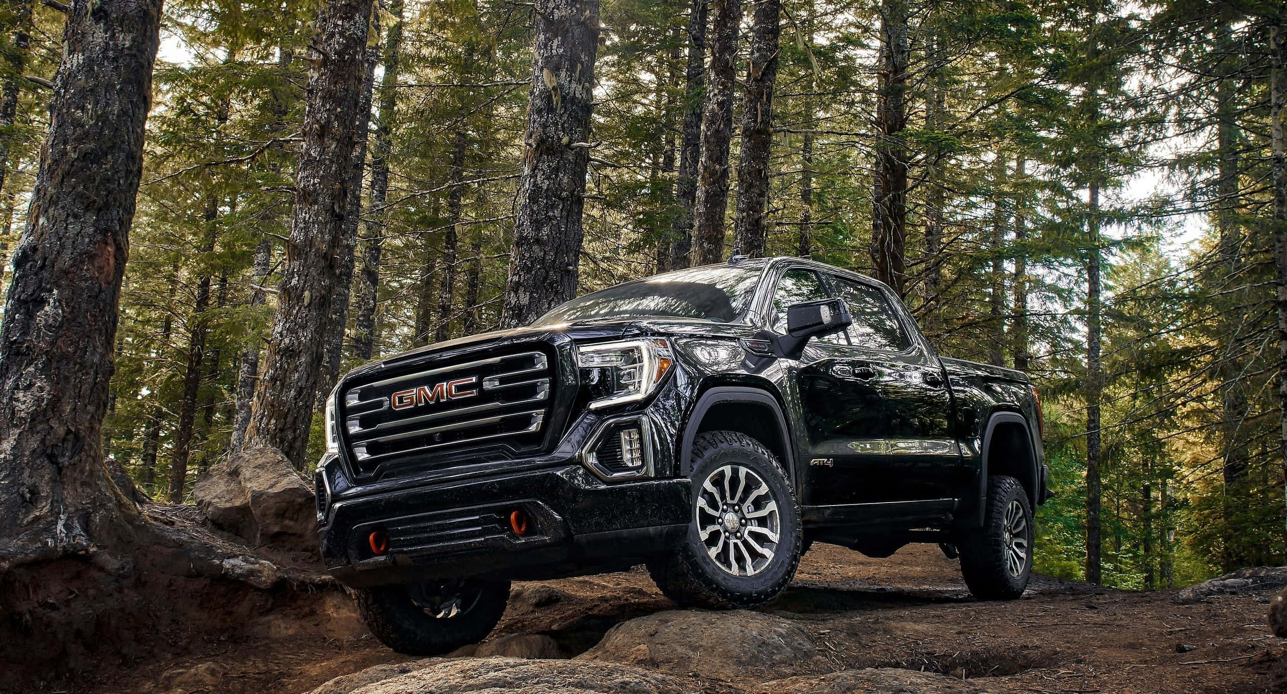 Gmc Yukon 桌布 壁紙 — 一輛黑色GMC Sierra皮卡車在崎嶇的森林地形上行駛，大型輪胎在高大的松樹下抓緊岩石和泥土。
