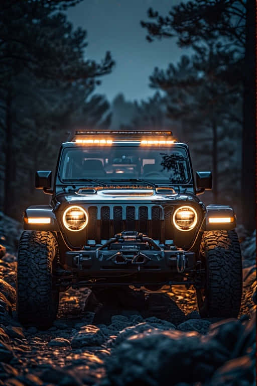 Jeep Wrangler illuminating a rocky trail with its headlights at night. 壁紙 — 一輛黑色Jeep Wrangler，車頭燈和車頂燈閃爍，在黃昏時分行駛在岩石森林小徑上。