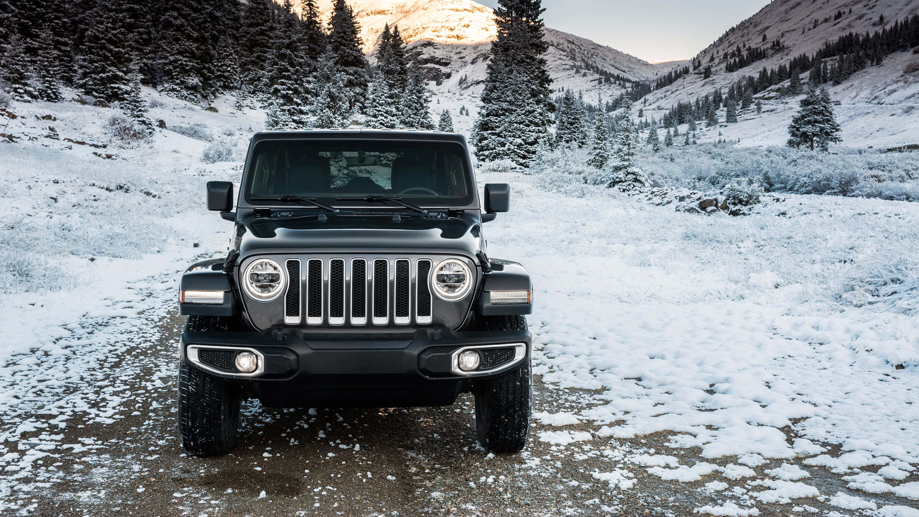 吉普 桌布 壁紙 — 一輛黑色Jeep Wrangler在柔和的冬日天空下，勇敢地矗立在白雪覆蓋的山路上，周圍是灑滿雪花的常青樹。