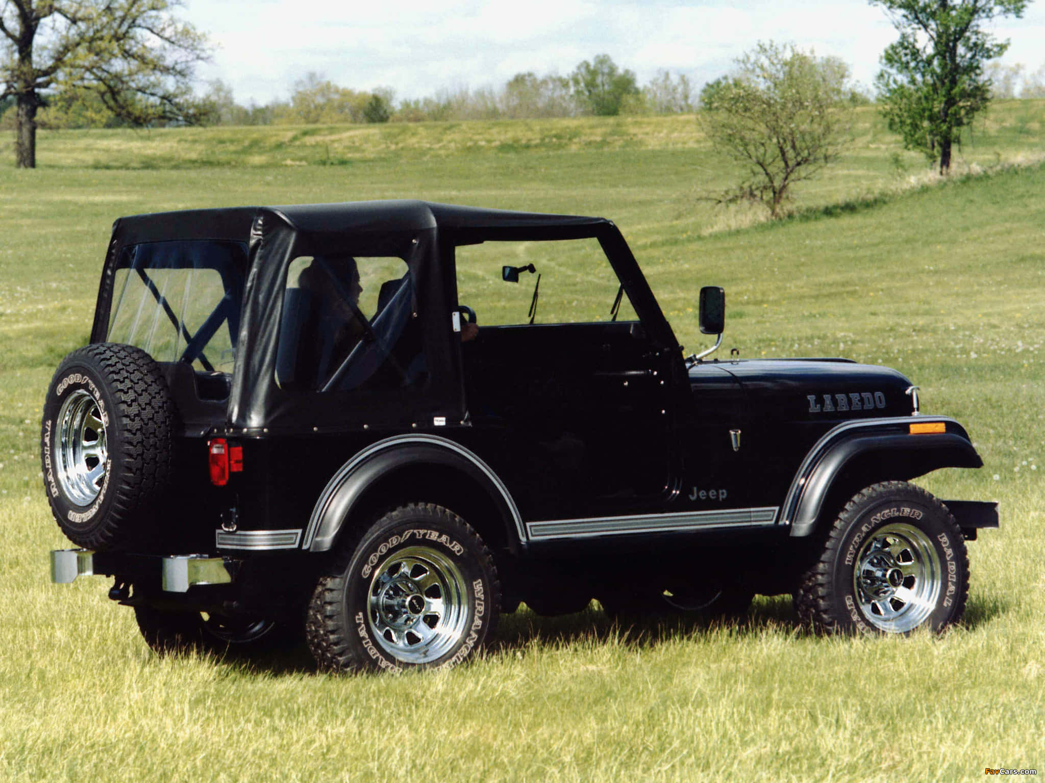 Jeep Cj 桌布 壁紙 — 一輛黑色Jeep Wrangler Laredo停放在草地上，背景是明亮的天空和散落的樹木。