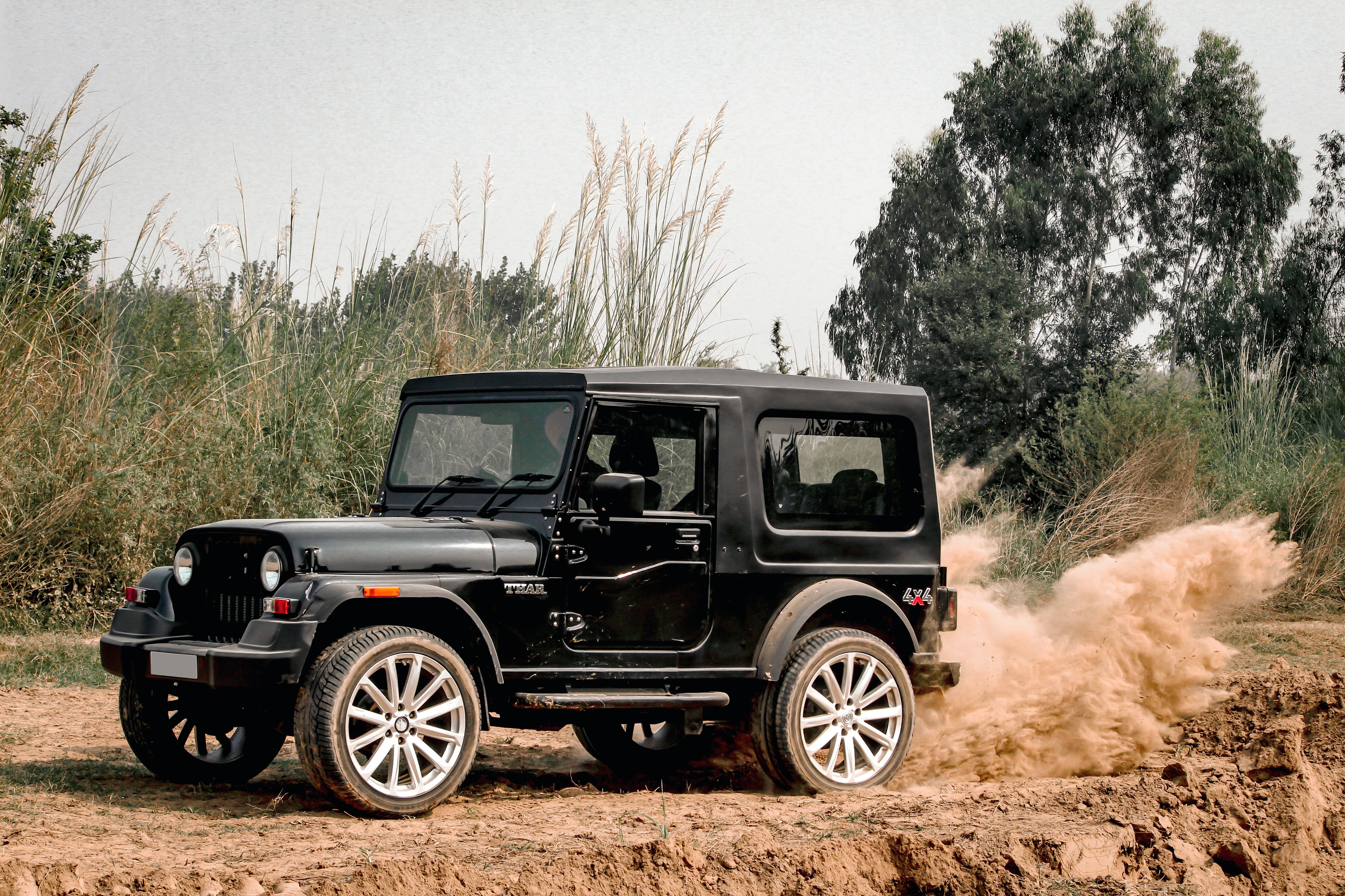 汽車 桌布 壁紙 — 一輛黑色Jeep Wrangler在塵土飛揚的地形上行駛，在高高的草叢和樹木附近揚起一陣棕色塵土。