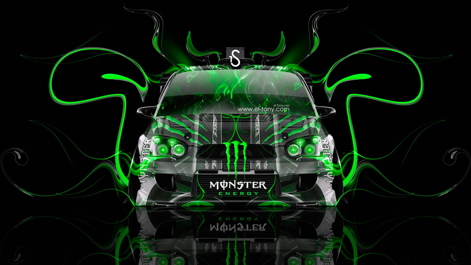 Monster Energy 桌布 壁紙 — 一輛黑色Monster Energy賽車，帶有發光的綠色點綴和旋轉的霓虹線條，在深色反光表面上。