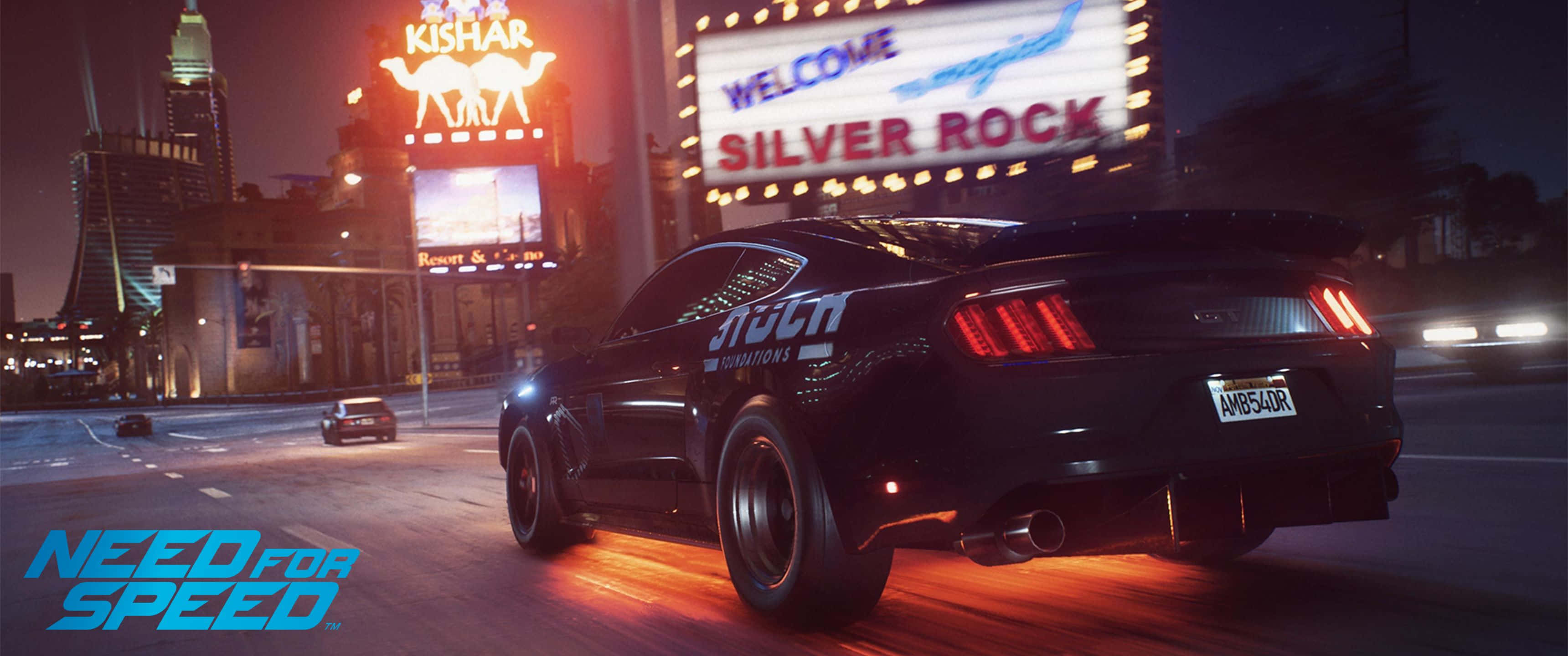 3440x1440p Need For Speed 桌布 壁紙 — 一輛黑色Mustang在夜晚霓虹燈閃爍的街道上飄移，留下發光的招牌和模糊的運動軌跡。